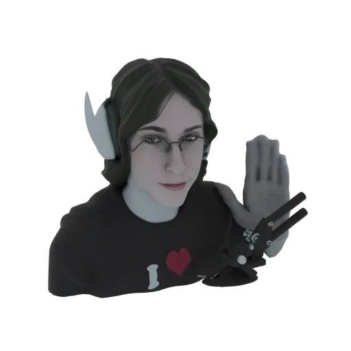 Modelo 3D de elfo estilizado com orelhas grandes, óculos, fones e braço mecânico, vestindo camiseta 'Eu Amo Games'.