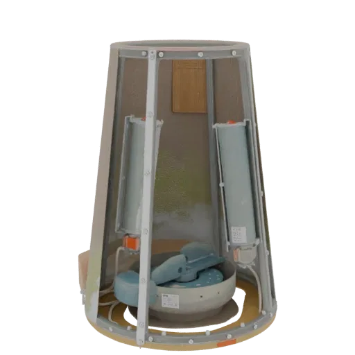 3D model of a futuristic scientific containment unit with cylindrical components and a central basin, set against a black bac