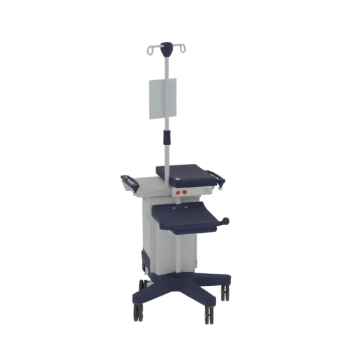 Surgical IV Stand 3D model, side profile view, technical viewport render, showing painted metal, clinical silhouette.