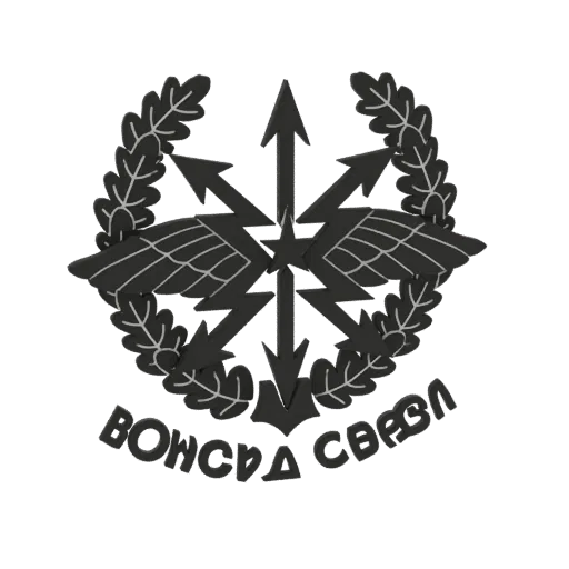3D model of the Russian Military Signal Corps emblem, featuring a central star, lightning bolts, wings, oak leaves, and the i