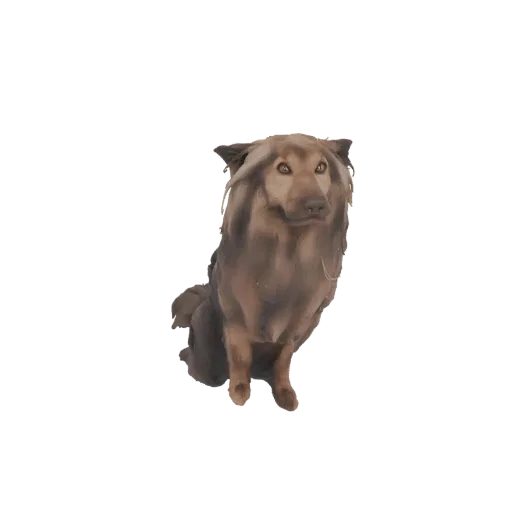 A 3D model of a fluffy brown dog sitting down, with its head turned slightly to the side.