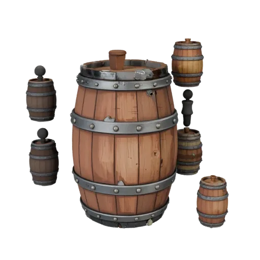 Weathered Barrel Stylized 3D model, stylized isometric render, showing wood planks, stackable massing.