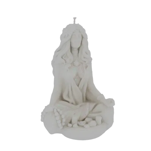 3D model of a white, meditating goddess figure designed as a candle, seated in a lotus pose with prayer beads.