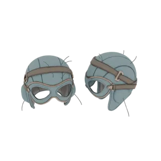 Modello 3D di un casco da aviatore vintage con occhiali, mostrato da due angolazioni su sfondo bianco.