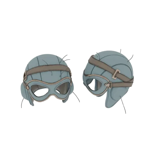 3D model of a vintage aviator helmet with goggles, shown from two angles against a white background.