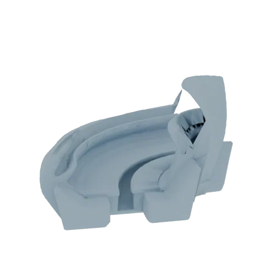 3D model of a futuristic, light blue, open-top racing pod with a sleek, aerodynamic design and integrated seating.
