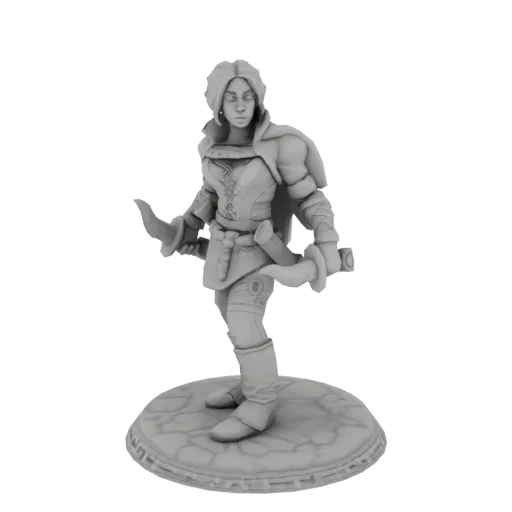 3D model of a female rogue character with short hair, wearing a cape and tunic, holding two curved daggers, standing on a sto