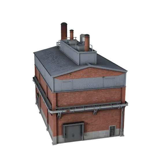Modèle 3D haute poly de cimenterie, vue rapprochée du rendu architectural, montrant les matériaux de construction industriels
