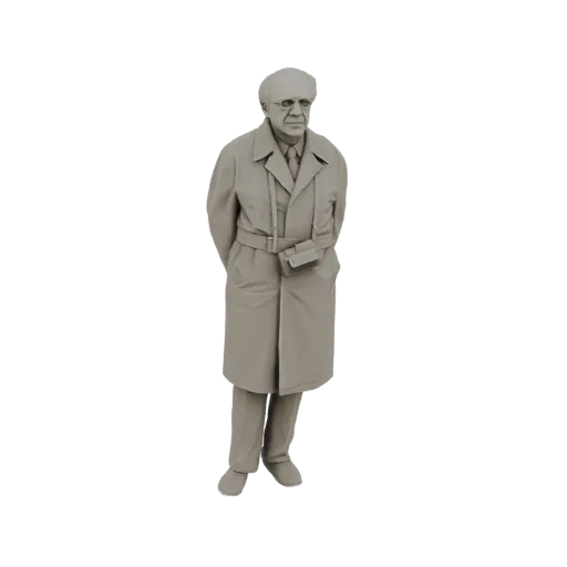 3D model of a vintage photographer wearing a trench coat and holding a camera, with hands clasped behind his back.
