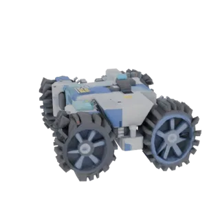 3D model of an all-terrain robot with large wheels, pixelated style, white and blue body, gray wheels.