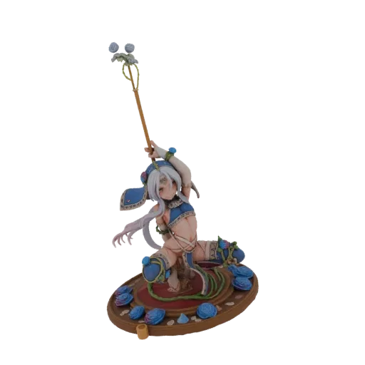 3D model of an anime girl with white hair, wearing a blue outfit, holding a staff, and surrounded by blue roses on a circular base.