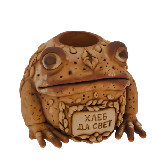 3D model of a ceramic-style frog pot holder with a plaque bearing Cyrillic text.