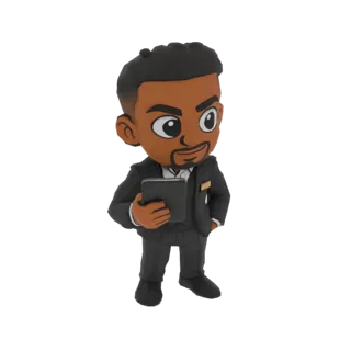 A 3D render of a chibi businessman character wearing a suit and holding a tablet, with a white background.