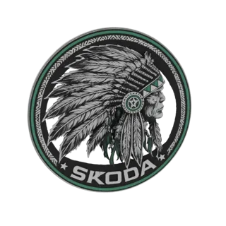 3D model render of the Skoda Indian Chief emblem, showing a Native American chief with a feathered headdress and 'SKODA' text