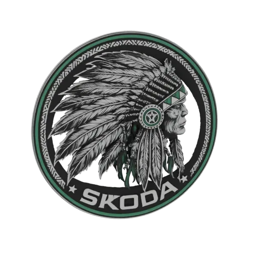 3D model render of the Skoda Indian Chief emblem, showing a Native American chief with a feathered headdress and 'SKODA' text