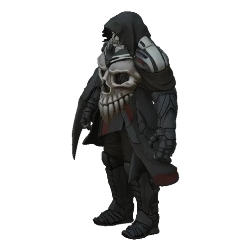 3D model of a Grim Reaper Skull Warrior with a skull mask and dark armor, standing against a black background.