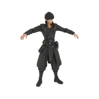 3D model of a teenage male demon hunter warrior in a T-pose, wearing a black long coat and tactical outfit, with a katana at