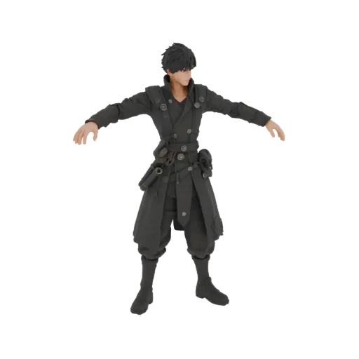 3D-Modell eines jugendlichen männlichen Dämonenjäger Kriegers in T-Pose, mit schwarzem Langmantel und taktischer Kleidung, Ka