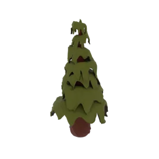 A 3D render of a stylized evergreen tree with layered green foliage and a brown trunk, presented on a white background.
