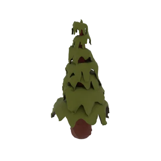 A 3D render of a stylized evergreen tree with layered green foliage and a brown trunk, presented on a white background.