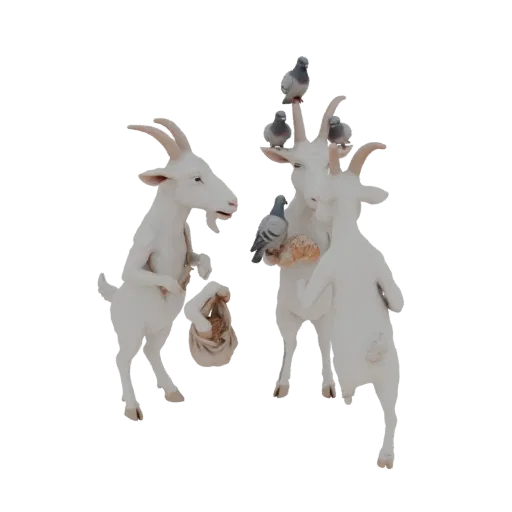 Modello 3D di tre fantasiose capre bianche che interagiscono con diversi piccioni, con una capra che porta una borsa.
