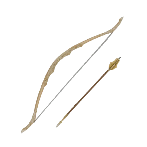 3D model of an ornate Elven bow with a single arrow resting beside it, showcasing intricate wood-like textures and flowing de