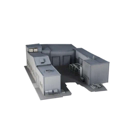 Modular Industrial Kit realistic 3D model, three-quarter exterior view, showing modular building kit materials and architectu