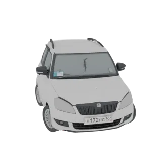 Vista frontal de três quartos de um modelo 3D Skoda Fabia Break branco com placa de licença visível.