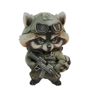 Modèle 3D d'un raton laveur déguisé en soldat, portant un casque et tenant un fusil, sur fond blanc.