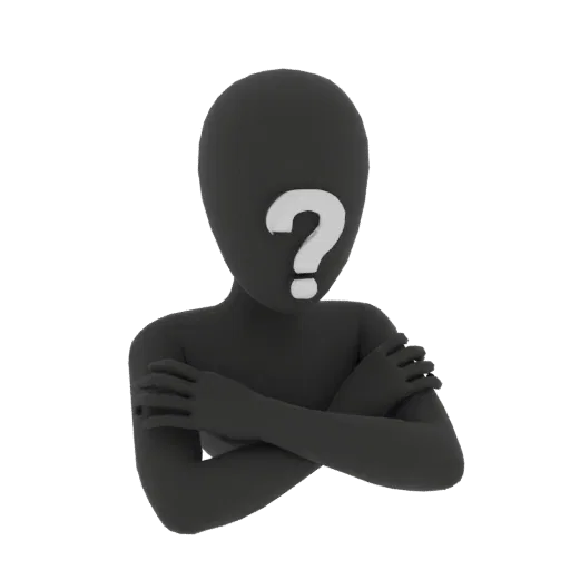 3D model black human figure with question mark face, arms crossed