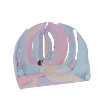 Rendu 3D d'un enfant dans une grotte sous-marine surréaliste aux couleurs pastel avec des formes organiques fluides et de pet