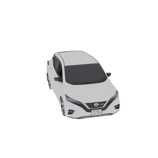 3D model of a white Nissan Leaf electric car, viewed from a slightly elevated front-right angle against a black background.