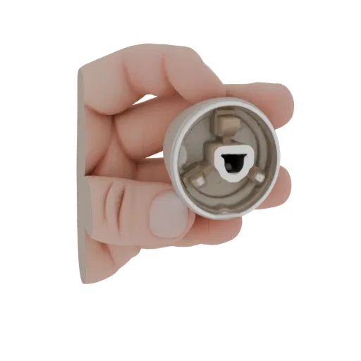 Ein 3D-Render einer realistischen menschlichen Hand, die einen metallischen Knopf mit sichtbarem internem Mechanismus hält.