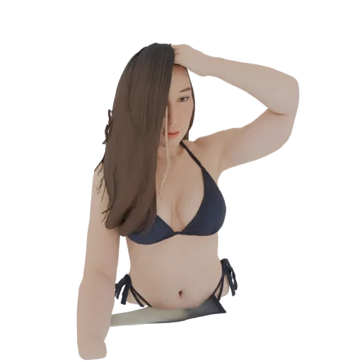 3D model of a woman wearing a blue bikini, with her long brown hair flowing around her as she poses with one arm raised.