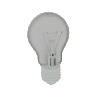 Ein 3D-Modell einer klassischen Glühbirne, das ihren Glaskolben, das Filament und den Gewindesockel vor einem weißen Hintergr
