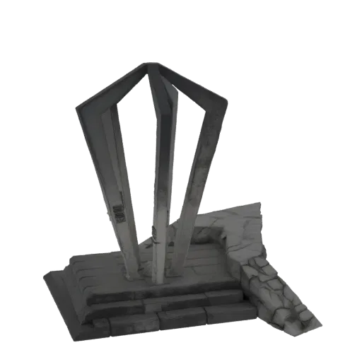 3D render of an ancient stone monument with three tall, angular geometric pillars rising from a multi-tiered stone base with