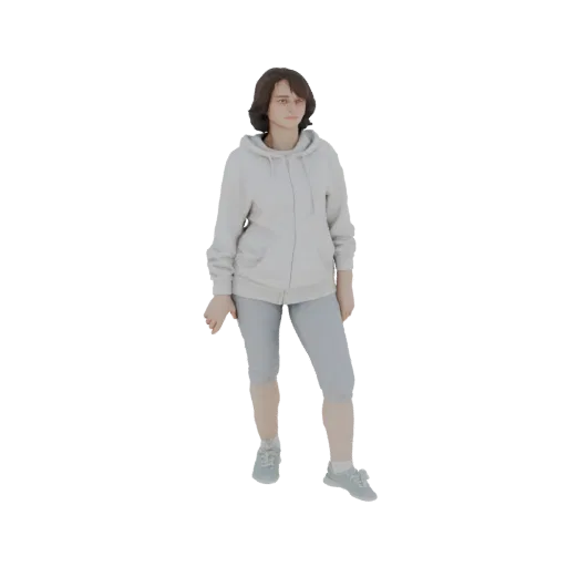 3D model of a young woman standing casually, wearing a light grey hoodie and grey capri pants.