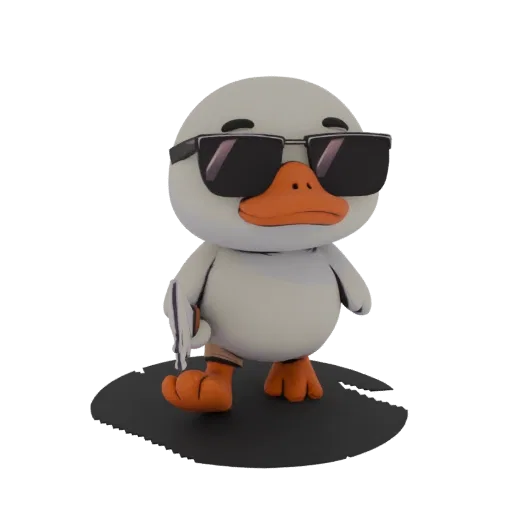 Modèle 3D de canard cartoon portant des lunettes de soleil noires, tenant une serviette pliée, sur un socle noir.