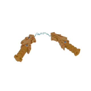 3D render of two golden dragon-shaped nunchaku handles connected by a bright blue lightning effect, isolated on a white backg