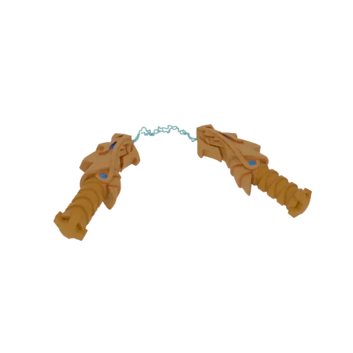 Rendu 3D de deux poignées de nunchaku en forme de dragon doré reliées par un effet d'éclair bleu vif, isolé sur fond blanc.