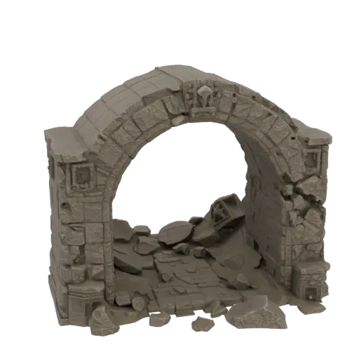 Fantasy Dungeon Entrance Printable 3D model, isometric tabletop STL render, showing aged stone, built remnants.