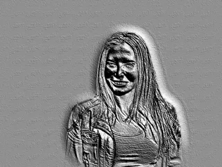 Modelo 3D baixo-relevo: retrato de uma garota sorridente em jaqueta jeans, feito em estilo baixo-relevo.