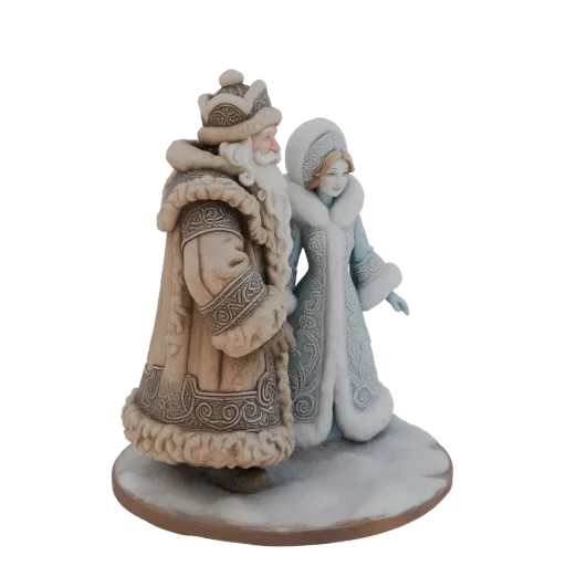 Modèle 3D des figurines du Père Noël Russe et de la Fille des Neiges se tenant ensemble sur une base enneigée, tenues d'hiver