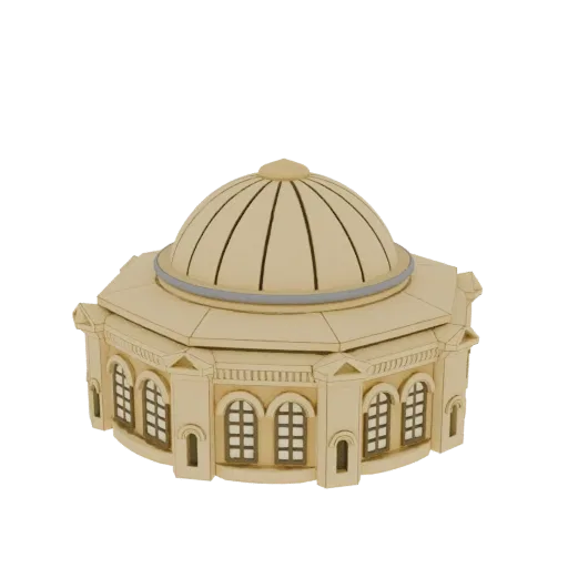 3D model of a classical rotunda building with a domed roof and arched windows, rendered in a light beige color.