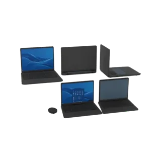Un rendering 3D di un cluster di laptop moderni, alcuni aperti con schermi blu luminosi che mostrano sfondi astratti, dispost
