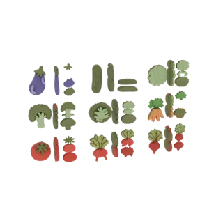 A 3D render of various clay-style vegetables arranged in rows against a black background, including eggplant, carrots, beets,