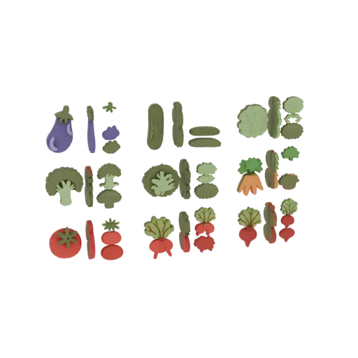 Uma renderização 3D de vários vegetais em estilo argila dispostos em fileiras contra um fundo preto, incluindo berinjela, cen