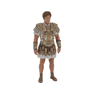 Modelo 3D de Alejandro Magno como general romano, vistiendo armadura ornamentada y falda segmentada, de pie sobre un fondo bl