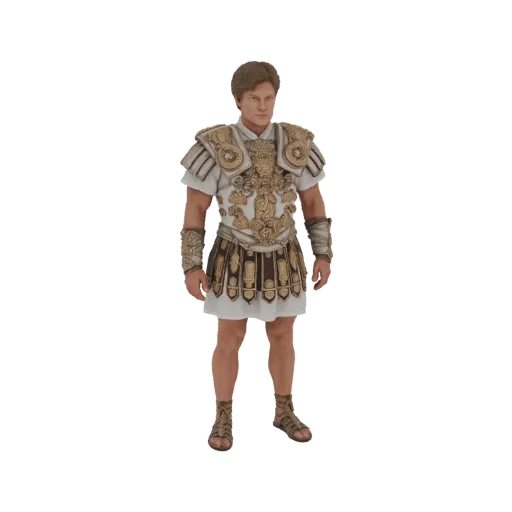 Modelo 3D de Alexandre o Grande como general romano, vestindo armadura ornamentada e saia segmentada, em pé contra um fundo b