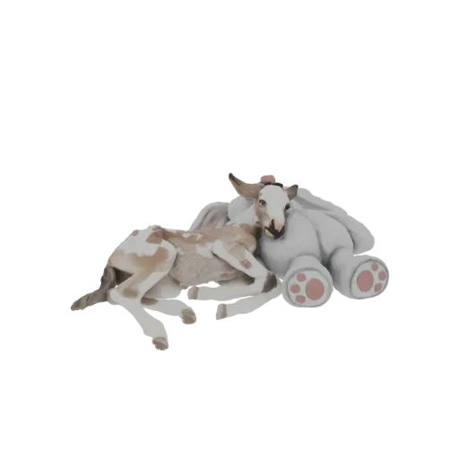 A 3D render of a small fawn with brown and white spots, lying down and hugging a large, white plush bunny.